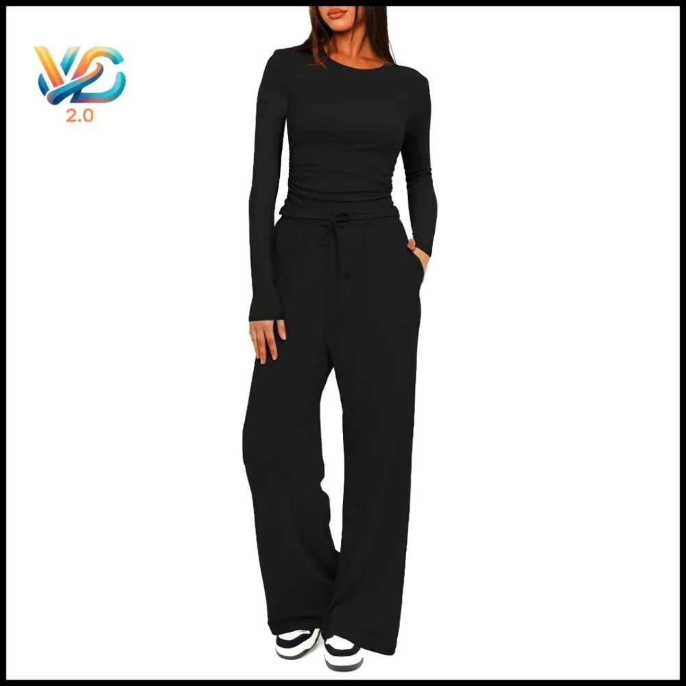 Long Sleeve Wide Leg Lounge Set Two Piece Tracksuit Casual Comfort Travel Outfit